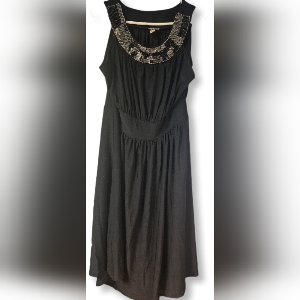 Haani Plus Size Solid Black Sleeveless Midi Dress With Wide Beaded Neckline